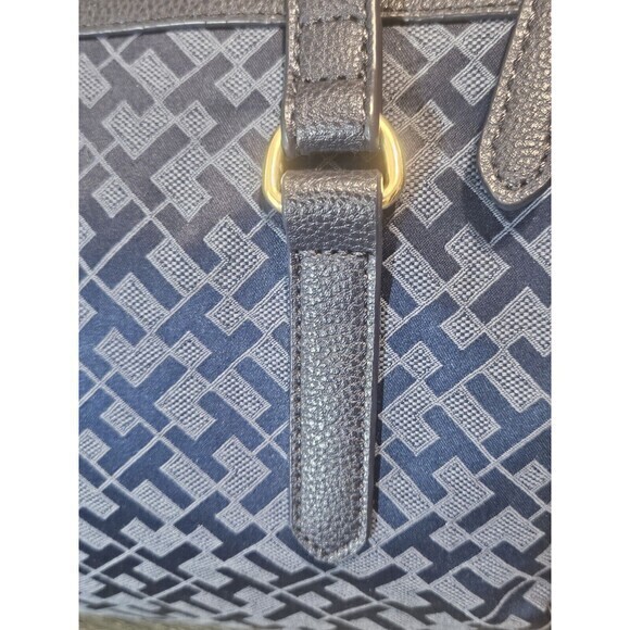 Tommy Hilfiger Navy Blue Monogram Fabric Faux Leather Trim Bag Nautical purse - Picture 5 of 7